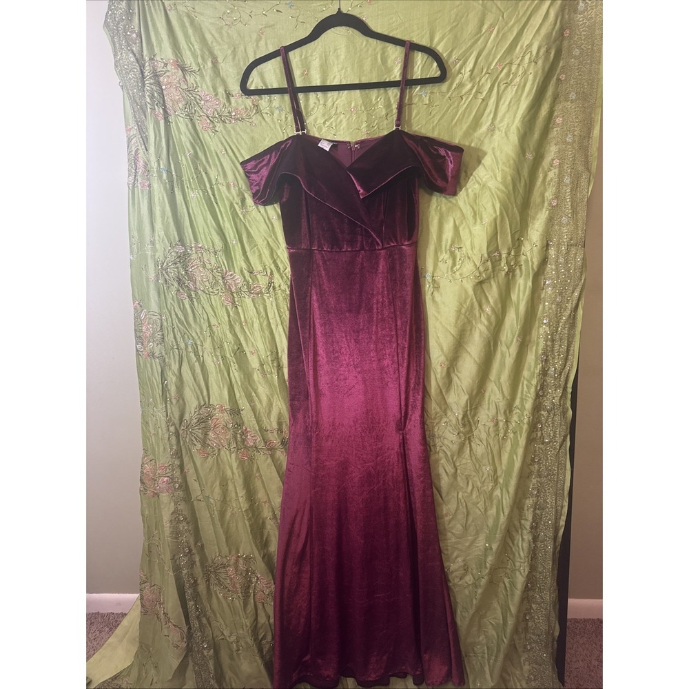 Velvet Maxi Dress Burgundy Side Slit Romantic Formal Strapless Optional Sm